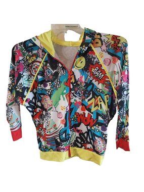 Colorful Graphic Print Hoodie Jacket With Yellow Hood & Red Accents For Kids Fro